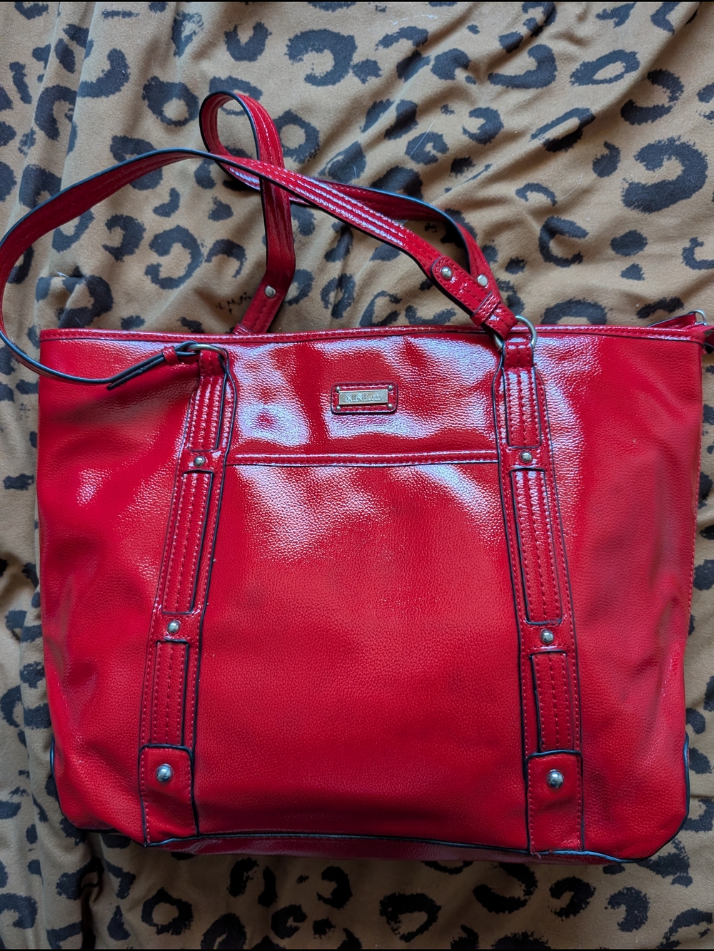 Nine&co Red Patent Tote with Front Slip Pocket and Double Straps